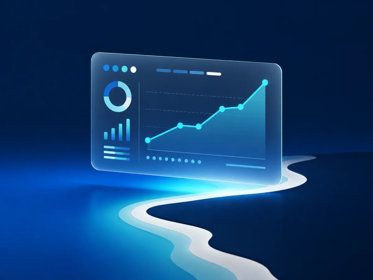 A financial dashboard panel above a stylized coastline, representing virtual bookkeeping on Florida's Gulf Coast