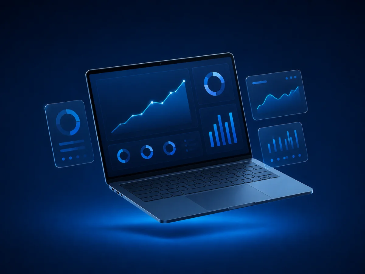 A laptop displaying a financial dashboard with charts tracking business performance